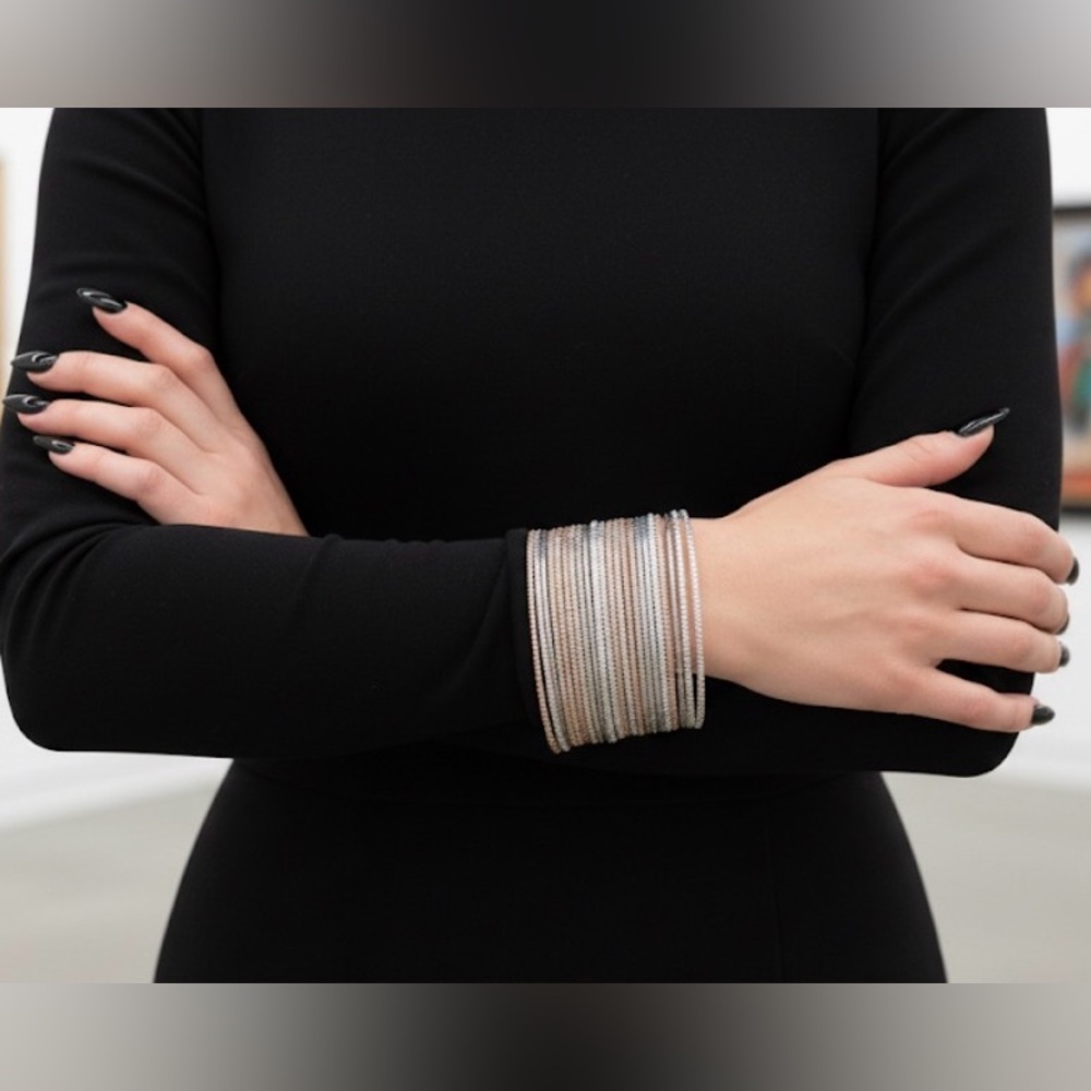 🆕 Shimmering Mixed-Metal Textured Bangle Set/Stack - Silver & Rose Gold